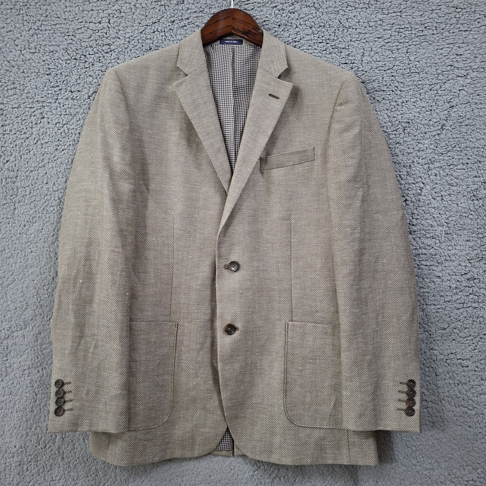Stafford Slim Fit Herringbone Linen Wool Blazer Sport Coat 40R Fall Tweed Beige